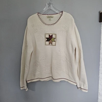 Cabelas Vintage Patchwork Sweater Womens 2X Cream Quilted Star Primitive Cottage - Image 1 of 4