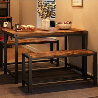 Juego de Mesa de Comedor para 4 Mesa de Cocina con 2 Bancos Tapizados Marrón Rústico Foto 1 de 4