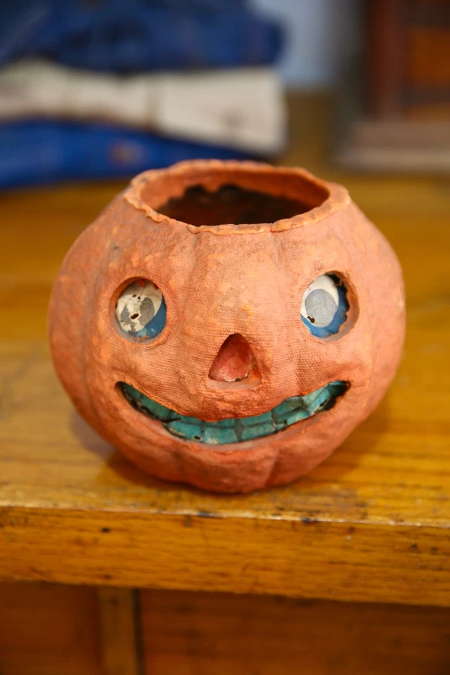 Antique 1900's Halloween Paper Mache Pumpkin Jack O Lantern Vintage Original - Image 1 of 4