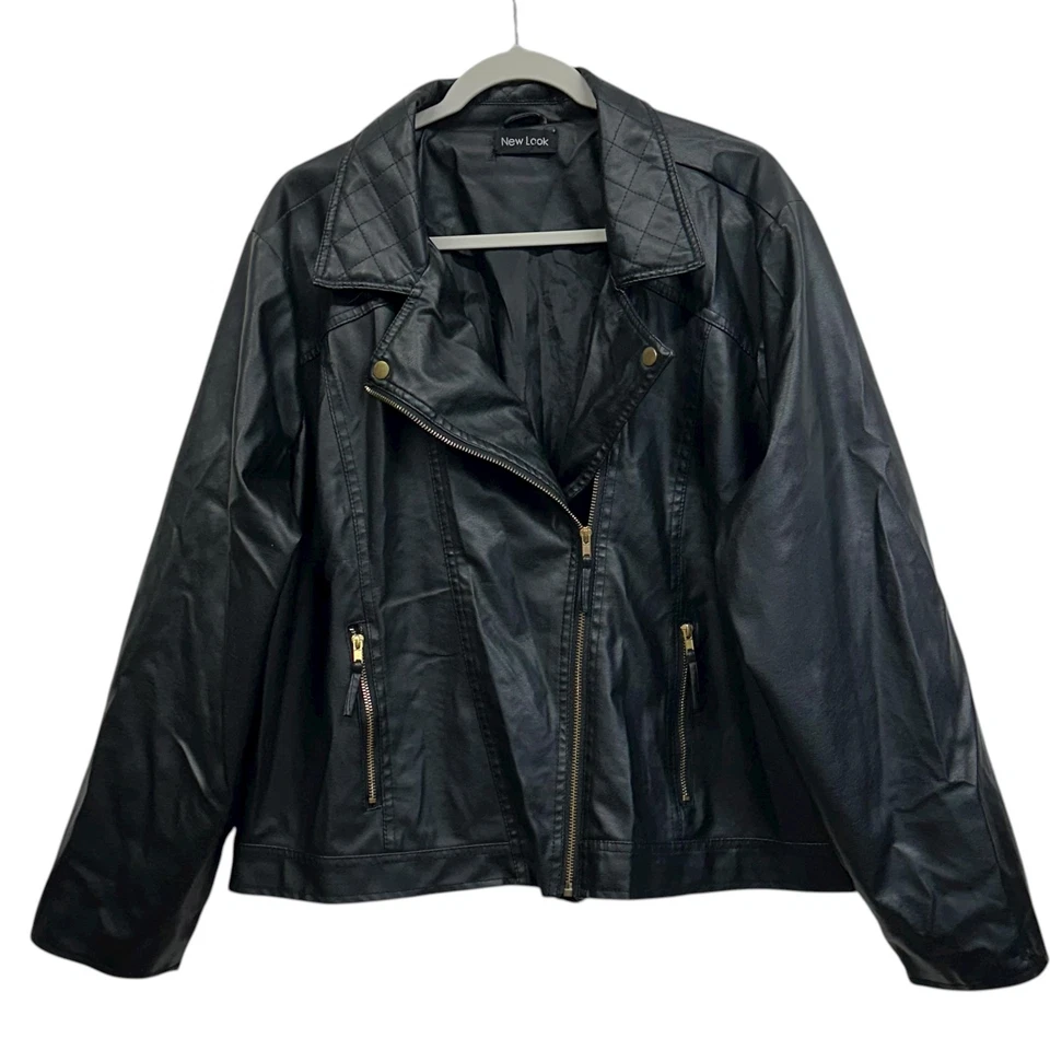 New Look Jacket Womens 2XL Black Faux Leather Moto Biker Zip Quilted Lined - Image 1 of 4
