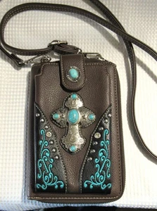 Montana West Shoulder Cell Phone Bag Purse Silver Cross w/ Turquoise Detail - Picture 1 of 7
