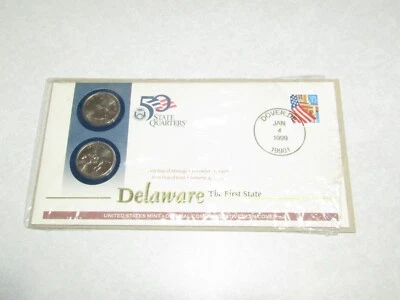 1999 Delaware P & D Uncirculated Quarters 1st Day Cover Set 2 Coins US Mint - Image 1 of 4