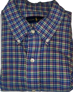 Ralph Lauren Herren Langarm Oxford Hemd Large Baumwolle blau grün kariert Logo - Bild 1 von 5
