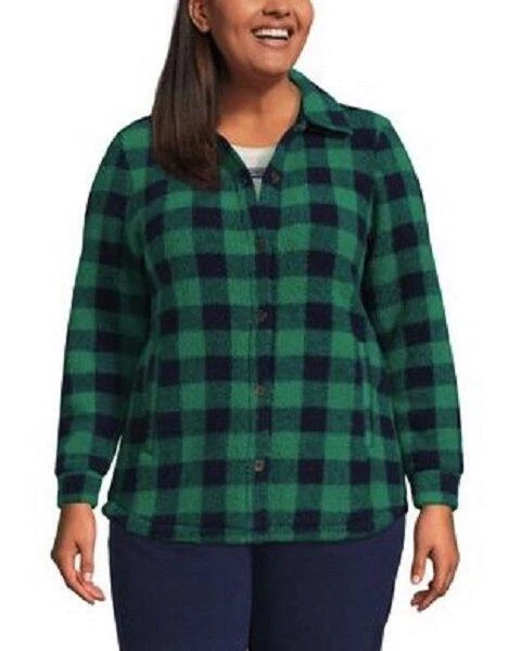 LANDS' END Plus Size 1X, 2X Emerald Buffalo Check Sherpa Shirt Jacket NWT $68 - Image 1 of 1