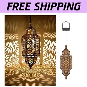 Weather-Resistant Gold Solar Lanterns - 2 Pack Hanging Moroccan Garden Lights - Picture 1 of 8
