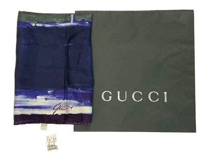 Rare Vtg GUCCI SILK SCARF GRUNGE STYLE Purple Blue Painted Look 18" New - Image 1 of 4