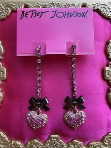 Betsey Johnson Perfectly Pave Pink Crystal Gold Heart Ombre Pewter Bow Earrings - Picture 1 of 2