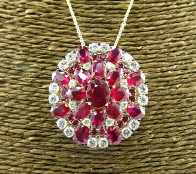 Natural Oval Red Ruby & Diamond Cluster Round Pendant 14K Yellow Gold 26.08Ct - Image 1 of 4