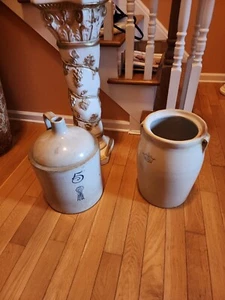 2 Vintage Blue Ribbon 5 Gal Brand Pottery Co Stoneware Crock Jug  - Picture 1 of 20