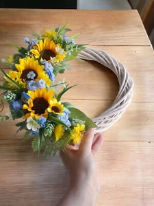 Handmade Summer Wreath Sunflower Silk Artificial Flower Yellow Blue Wicker White - Picture 1 of 7