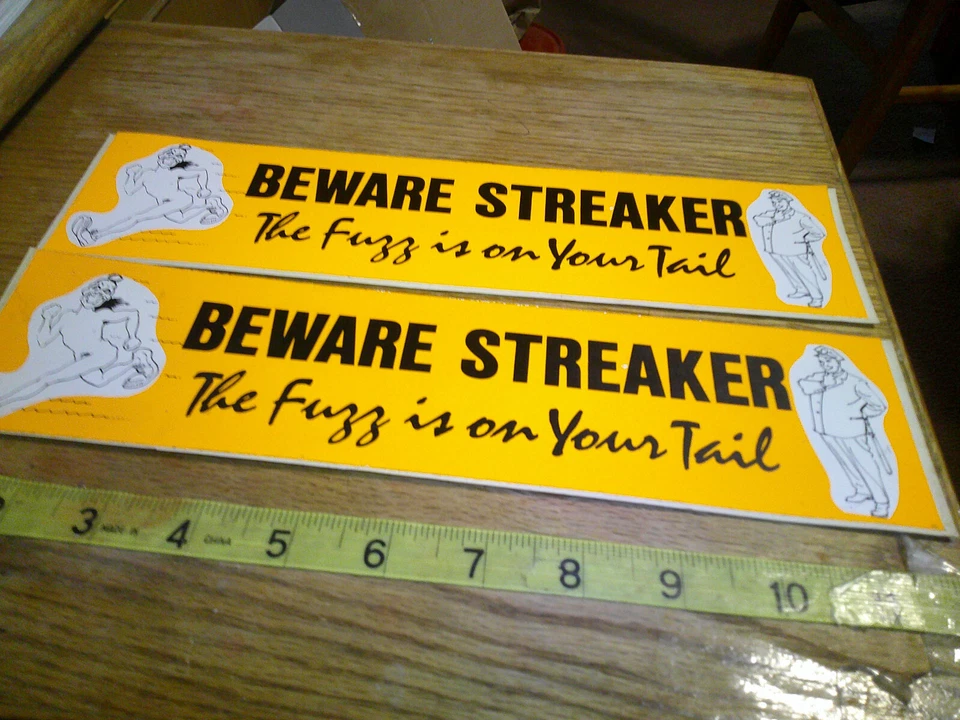 2 original VINTAGE 70's BUMPER STICKERS humor beware streaker the fuzz is on ... - Image 1 of 1