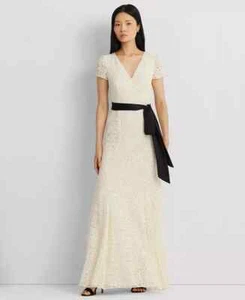 Lauren Ralph Lauren Belted Lace A-Line Gown Women's 8 Winter Cream V-Neck Zip Up - Picture 1 of 13