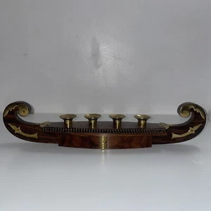 Wooden Brass Snake Boat Ship Candlestick Holder Middle East Viking Vintage - Picture 1 of 13