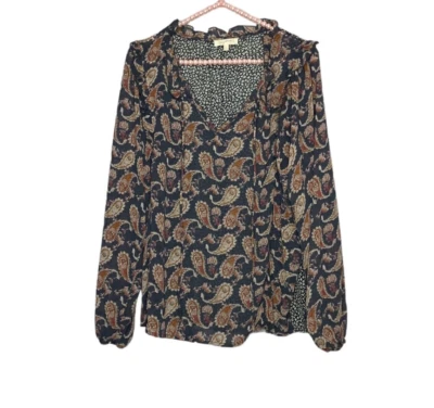 Anthropologie Medium M Mystree Blue Paisley Black Leopard Contrast Ruffle Top - Image 1 of 4