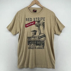 RED STRIPE Shirt Mens L Beer Lager Jamaica Beach Lifeguard Embroidered Beige - Picture 1 of 13