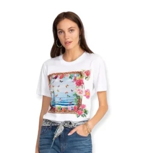 Johnny Was Damen LARGE Pima Baumwolle Blumen Schmetterling T-Shirt weiß Freizeit Grafik - Bild 1 von 9
