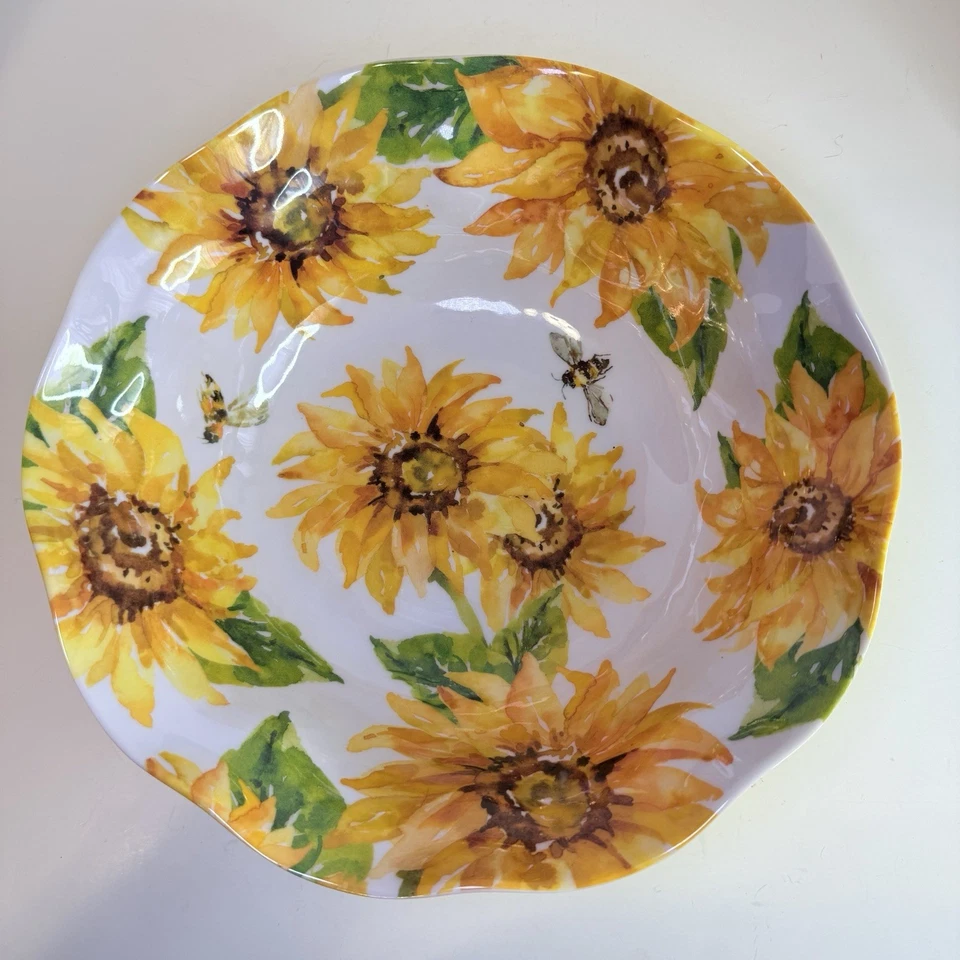 Sunflower Melamine Large Serving Bowl Yellow Bees 12” Summer Garden Floral - Image 1 of 4
