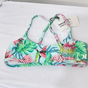 Hurley Swimsuit Bikini Top Girls Medium Green Floral Tropical UPF 50+ NWT - Picture 1 of 3