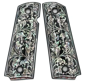 1911 EMPUÑADURAS TAMAÑO COMPLETO POT KIMBER S&W TAURUS Madre de Perla Flor Negra ARTE - Imagen 1 de 13