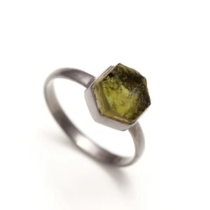 Raw Moldavite Hexagon Ring Solid Silver Black Oxidized Republic Czech Jewelry - Picture 1 of 10