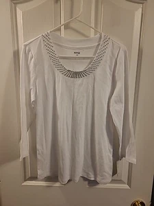 Style&Co Cotton Top Round Neck 3/4 Sleeve White Rhinestone Accents Women's Sz PL - Picture 1 of 8