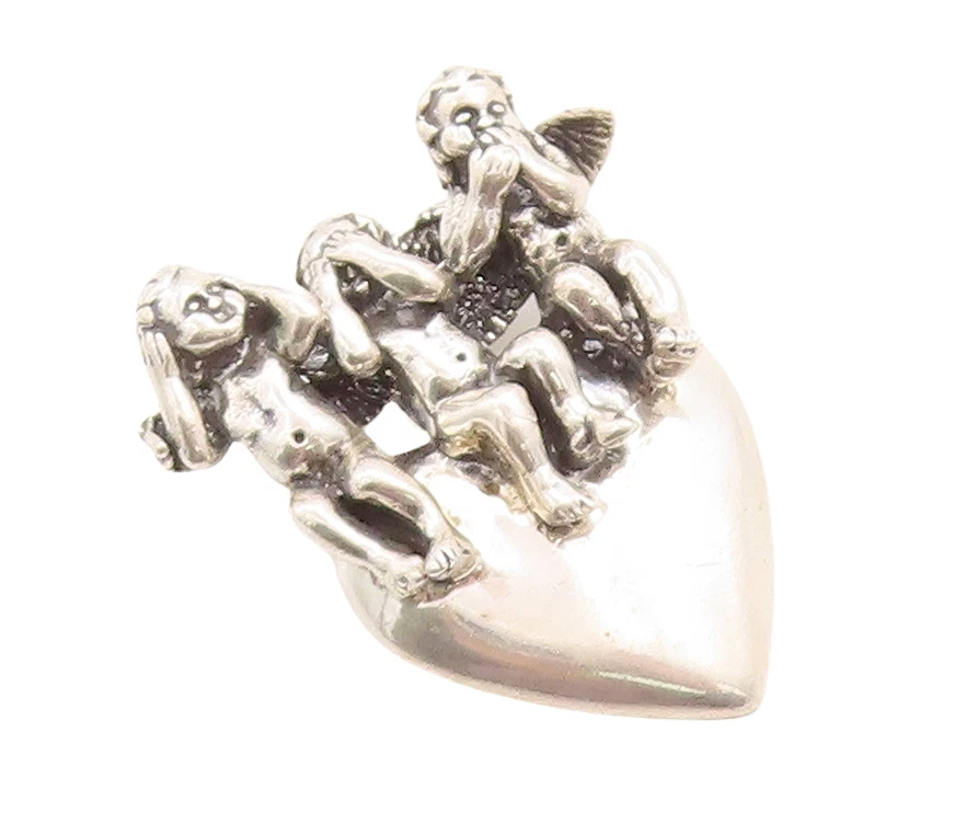 Pingente vintage de prata esterlina 925 KABANA 3 macacos de coração de Gandhi PT23784 - Imagem 1 de 4