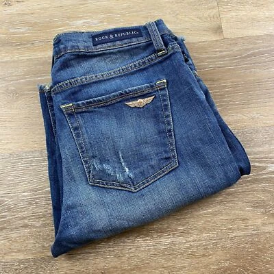 ROCK & REPUBLIC Stretch Mid Rise Blue Denim Cut-Off Jean Shorts Women's Size 8 - Image 1 of 4