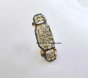 Ring Natural Diamond Polki Rosecut Diamond 925 Sterling Silver Gold Plated Ring - Picture 1 of 2
