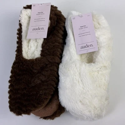 Комплект Auden искусственного меха тапочки носки уютный захват низ белый и коричневый SM/MED - Изображение 1 из 4