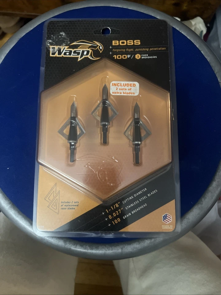 Wasp Boss Broadheads 3 Blade 100 Grain 3 Pack + 2 Sets Extra Blades New Unopened - Image 1 of 3