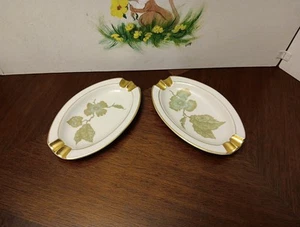 2 Vintage MCM Gerold Porzellan Bavaria Ashtray Green Leaf Gold Trim West Germany - Picture 1 of 8