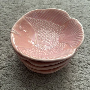 Pottery Barn Malibu Collection Pink Fish Dipping Ceramic Bowls Set/Lot Of 4 - Picture 1 of 5