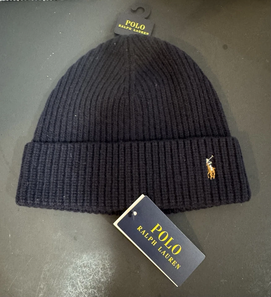Polo Ralph Lauren Signature Merino Ribbed Cuffed Beanie Hat Navy Blue Mark