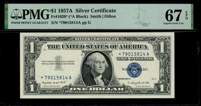 1957A $1 Silver Certificate Star Note PMG 67 EPQ 480K Print Run */A Fr 1620* - Image 1 of 2