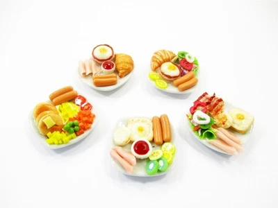 Dollhouse Miniature Food 5 Ceramic Plates Breakfast Sausage Ham Egg Supply 13744 - Image 1 of 4