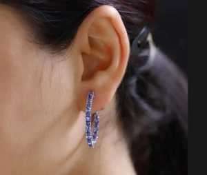 Hoop Inside Out Earrings Violet Tanzanite Oval 3*5 MM 925 Sterling Silver - Picture 1 of 3