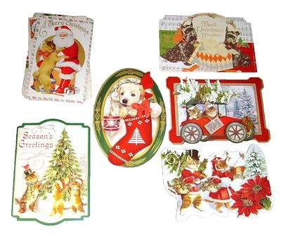 Punch Studio 12 Die-Cut Christmas Cards Antique Ephemera Kittens & Puppies 60862 - Image 1 of 4
