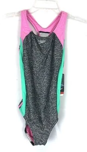 Speedo Girl’s One Piece Infinity Splice Grey Pink Swimsuit Size 16 - Picture 1 of 3