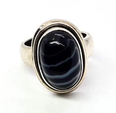 Black Sardonyx banded agate gemstone vintage solid sterling silver ring size 6 * - Image 1 of 4