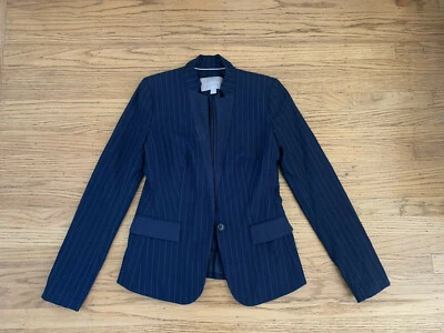 $178 Banana Republic Women sz 0 Long& Lean Inverted Collar navy pinstrip Blazer - Image 1 of 4