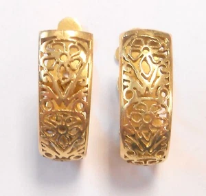 Floral Filigree 14K Yellow Gold Omega Back Earrings 20x7mm J Shape - Picture 1 of 8