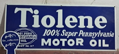 Tiolene Motor Oil Porcelain Enamel Sign 36 x 15 Inches 1 Sided - Image 1 of 4