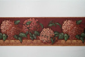 NOS YORK Wallpaper Border Hydrangea Flower Clusters w/Leaves Burgundy Gold - Picture 1 of 15