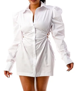 NEW! Highlight Long Sleeve Side Cut Lace Up Shirts Mini Dress White - Picture 1 of 7