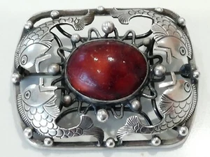 STERLING SILVER & AMBER - BROOCH - DENMARK - LEIF ULRICH DAURUP - CIRC. 1950s - Picture 1 of 18