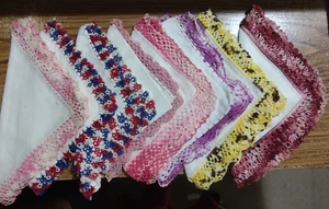 Set of Eight 13" Square Linen Napkins W/Hand Knit Colorful Edges - Picture 1 of 6