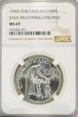 1996 VATICAN SILVER 1000 LIRE JESUS WELCOMING CHILDREN NGC MS 69 SCARCE TOP POP - Image 1 of 4