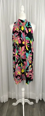 Trina Turk Size L Black Pink Tropical Floral Hana Hou Knit Halter Dress New $168 - Image 1 of 4