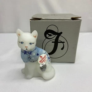Vintage Fenton Milk Glass Kitten Hand Painted Blue Vest 5165DB - Picture 1 of 9