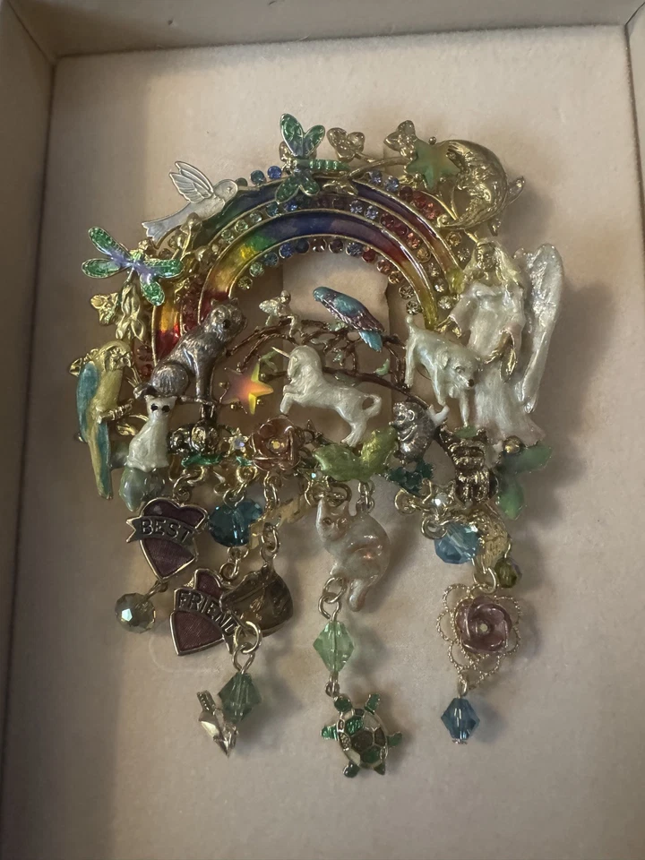 Kirks Folly Enamel Rainbow Bridge Best Friends Love Animal Dog Cat Bird Brooch - Image 1 of 4